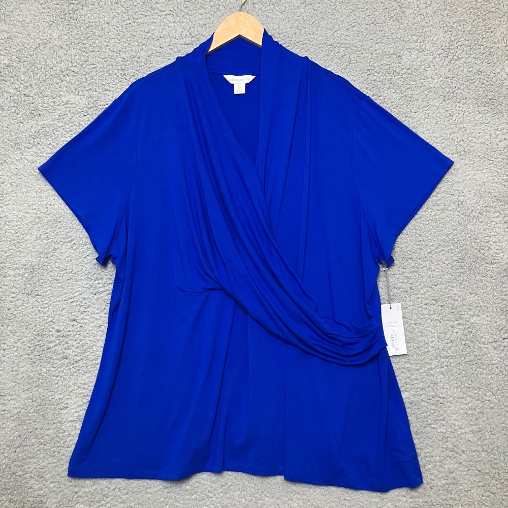 NWT‎ Liz Claiborne Top Women 3X Plus Bold Vibrant Cobalt Blue Wrap Short Sleeve